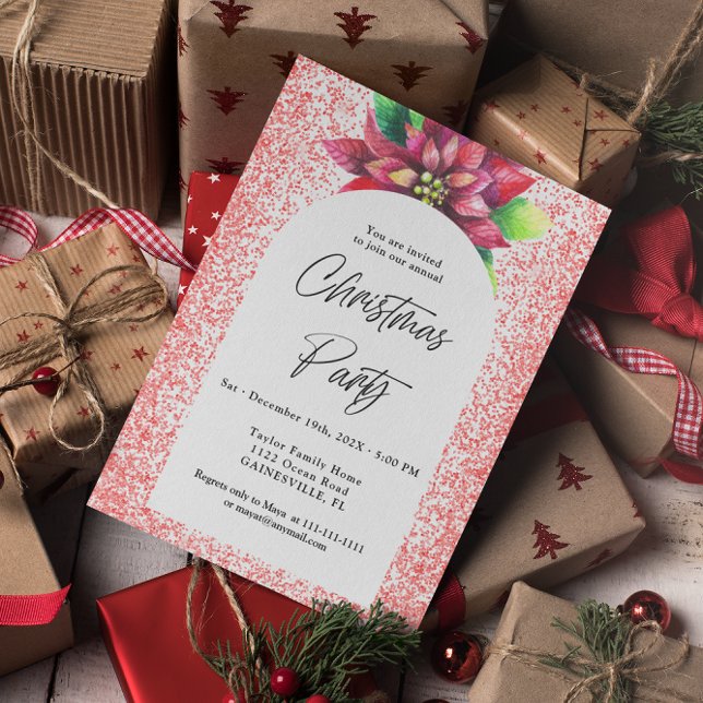 Invitación Fiesta de Poinsettia y Navidades Purpurinas rojos (Subido por el creador)