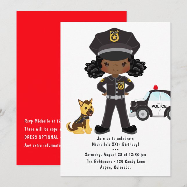Invitación Fiesta de policía Chica negro (Anverso / Reverso)