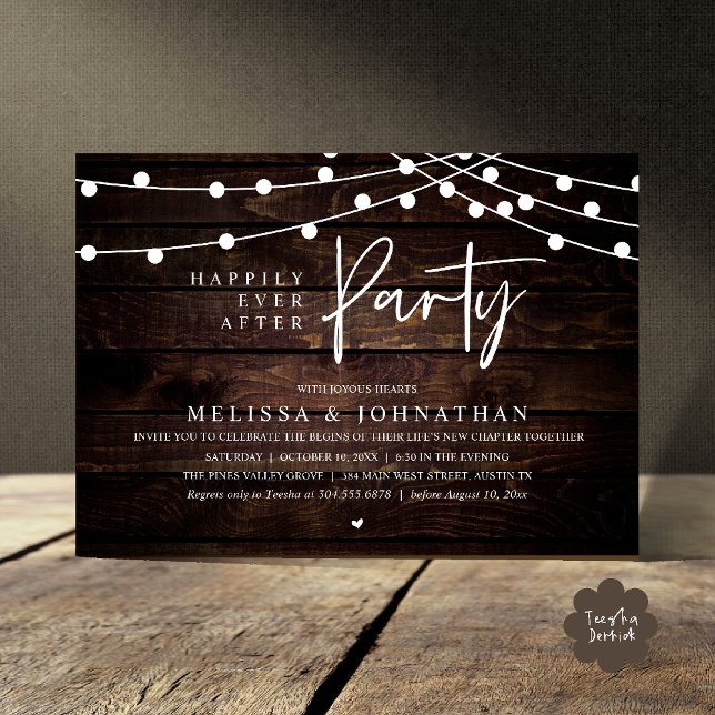 Invitación Fiesta de Por Siempre con Luces de Cuerda Rústicas (Happily Ever After Party, Rustic Wedding String Lights Invitation card, Reception brown wood)
