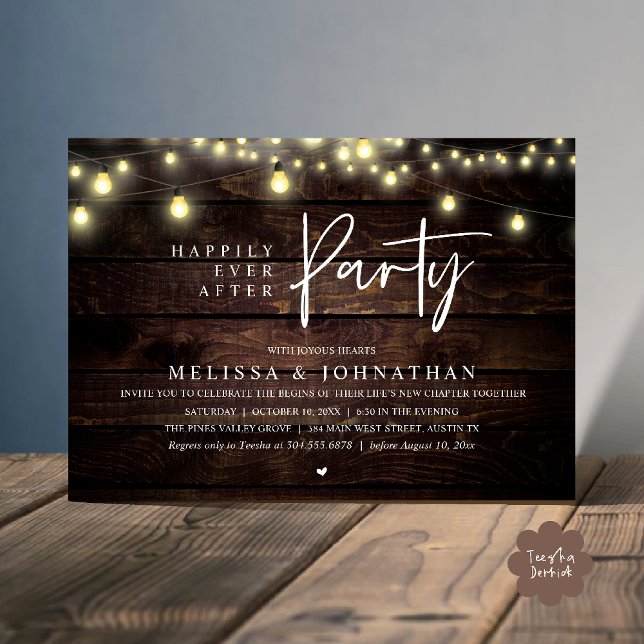 Invitación Fiesta de Por Siempre con Luces de Cuerda Rústicas (Happily Ever After Party, Rustic Wedding String Lights Invitation card, Reception Brown Wood )