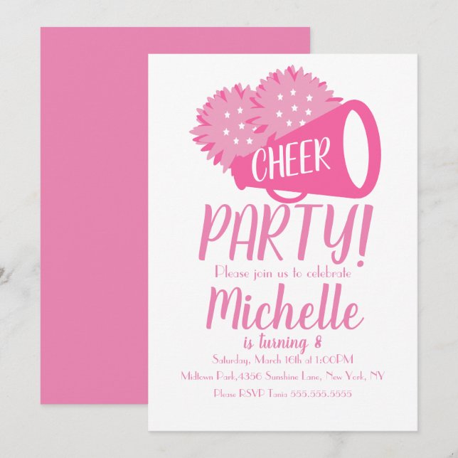 Invitación Fiesta de porristas Cumpleaños Rosa  (Anverso / Reverso)