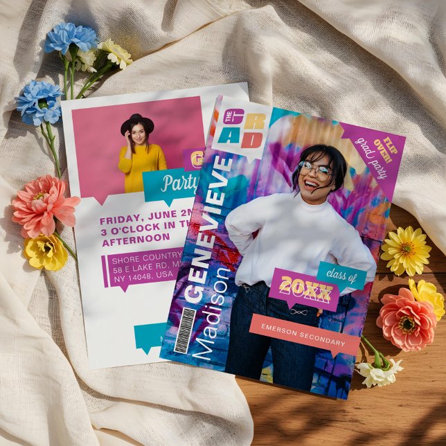Invitación Fiesta de portada de la revista de fotos Grad Retr (Grad Retro Hip Graduate Photo Magazine Cover Party Invitation)