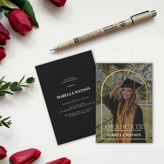 Invitación Fiesta de posgrado para el arte de oro moderno (Modern Gold Arch Photo Grad Party Invitation)