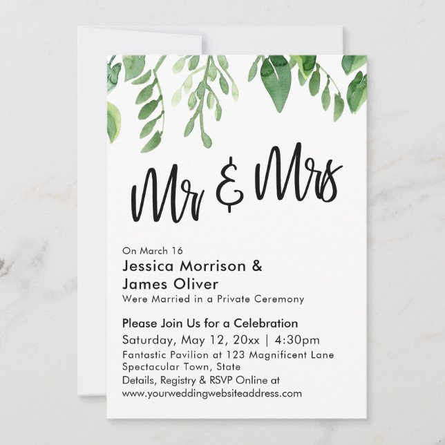 Invitación Fiesta de Post-Boda de Sr. y Sra. con Verde Acuare (Anverso)