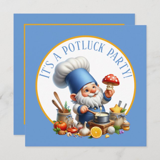 Invitación Fiesta de potluck, chef de Cute gnome (Anverso / Reverso)