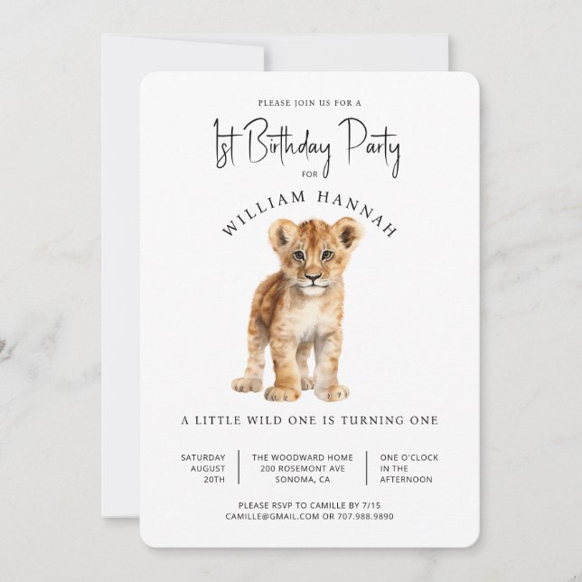 Invitación Fiesta de primer año de vida de un león bebé lindo (Anverso)