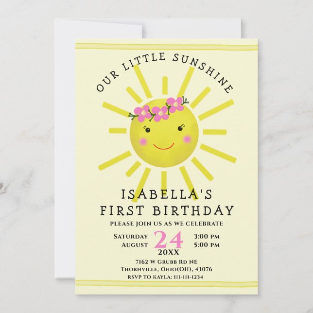 Invitación Fiesta de primer cumpleaños con sol amarillo (Anverso)