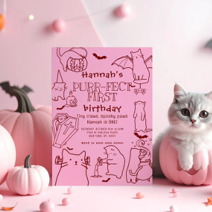 Invitación Fiesta de primer cumpleaños con temática de gatos 