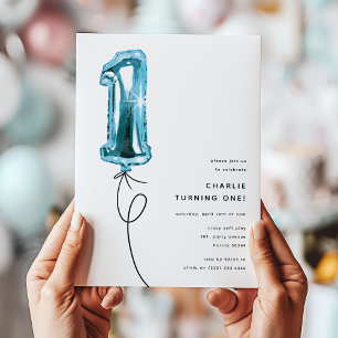 Invitación Fiesta de primer cumpleaños con un globo azul míni