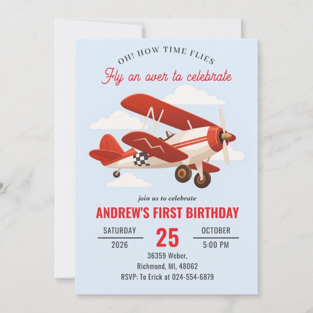 Invitación Fiesta de primer cumpleaños de avión rojo personal (Anverso)