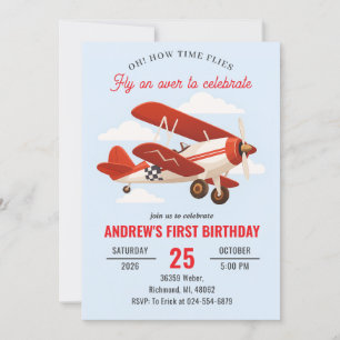 Invitación Fiesta de primer cumpleaños de avión rojo personal