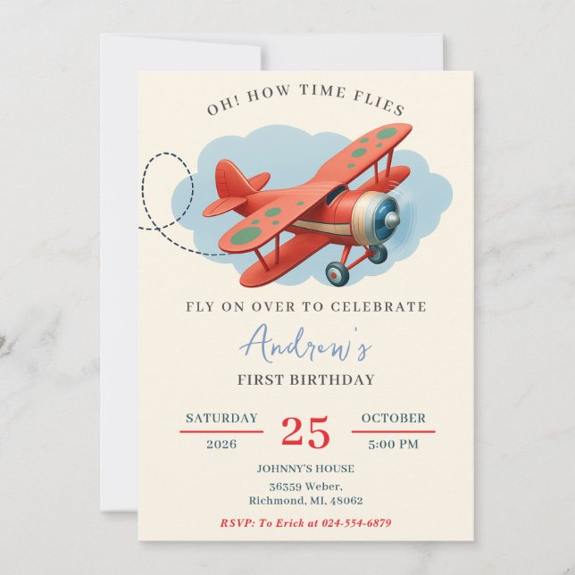Invitación Fiesta de primer cumpleaños de avión rojo personal (Anverso)