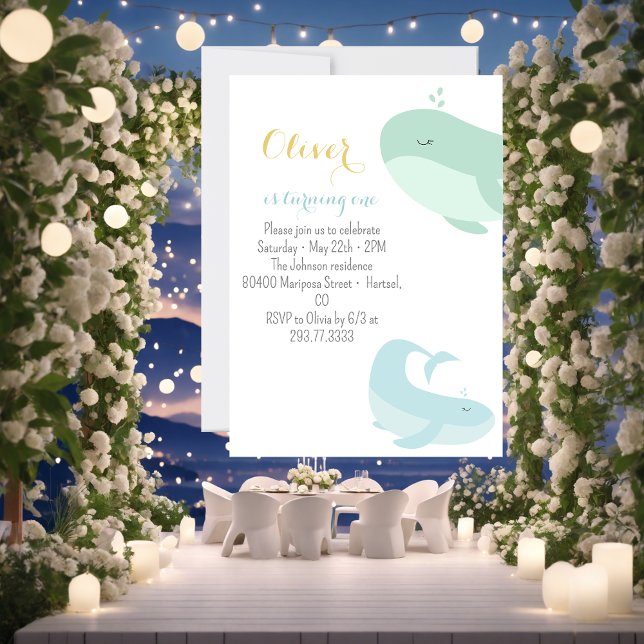 Invitación Fiesta de primer cumpleaños de ballena verde azul (Subido por el creador)