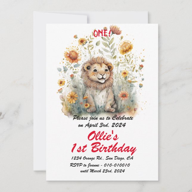 Invitación Fiesta de primer cumpleaños de bebé león de la jun (Anverso)