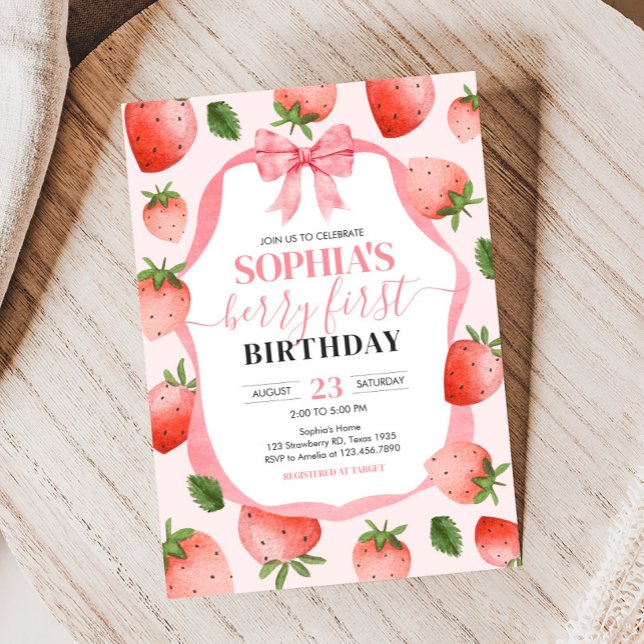 Invitación Fiesta de primer cumpleaños de Berry de fresa Rosa (Pink Coquette Strawberry Berry First Birthday Party Invitation)