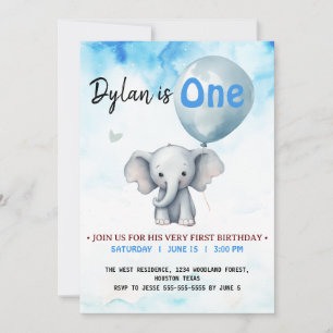Invitación fiesta de primer cumpleaños de Blue Elephant