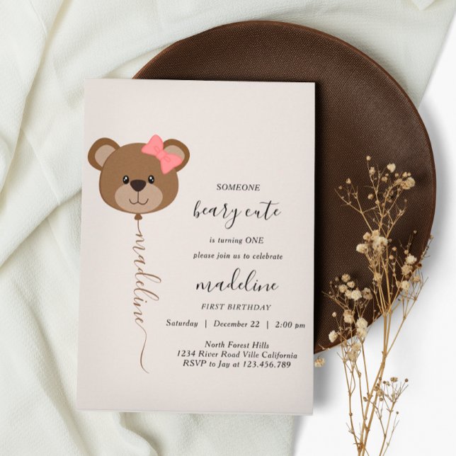 Invitación Fiesta de primer cumpleaños de Cute Bear Balloon B (Subido por el creador)