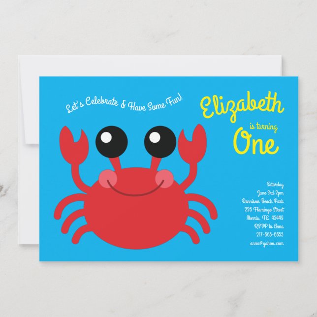 Invitación Fiesta de primer cumpleaños de Cute Crab Beach (Anverso)