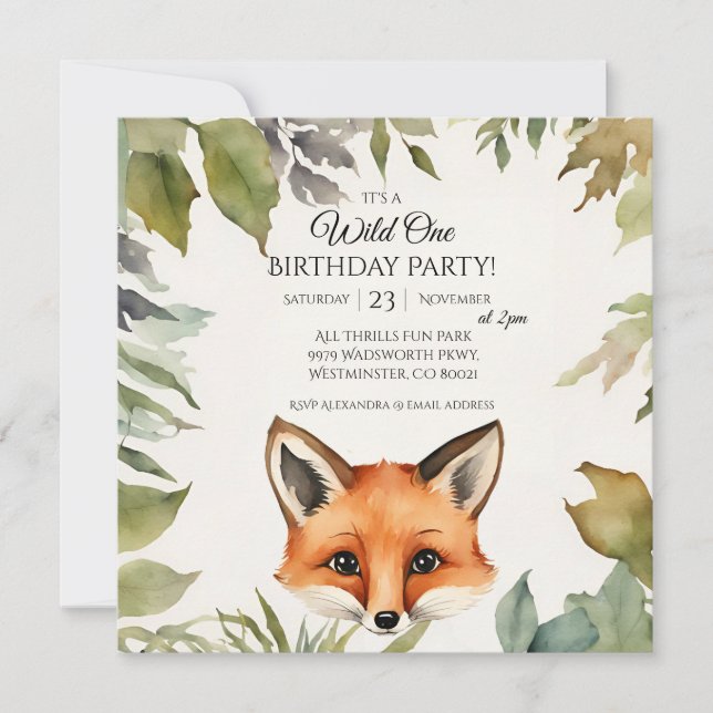 Invitación Fiesta de primer cumpleaños de Cute Fox Wild (Anverso)