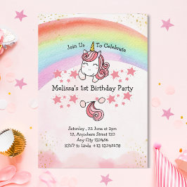 Invitación Fiesta de primer cumpleaños de Cute Pastel Unicorn
