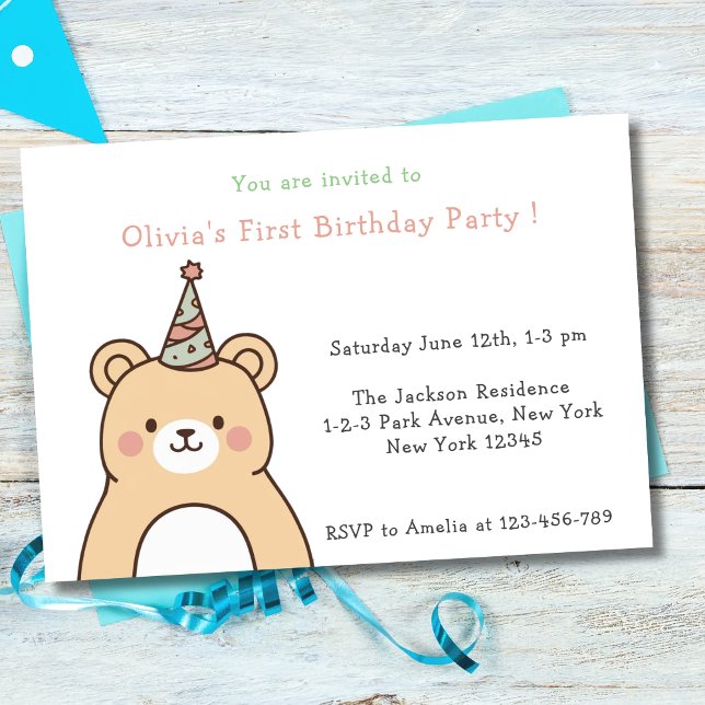 Invitación Fiesta de primer cumpleaños de Cute Teddy Bear (Cute Teddy Bear Cub Birthday Party)