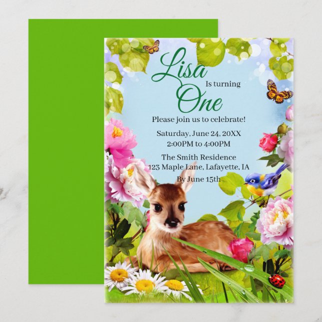 Invitación Fiesta de primer cumpleaños de Cute Woodland Deer (Anverso / Reverso)