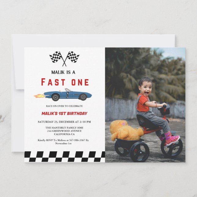 Invitación Fiesta de primer cumpleaños de Fast One Car Race B (Anverso)