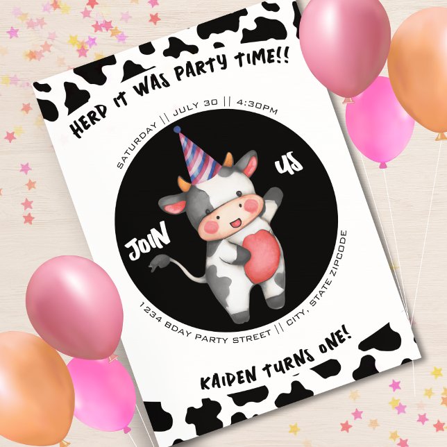 Invitación Fiesta de primer cumpleaños de impresión de vaca b (watercolor cow print kids first birthday party invitation)