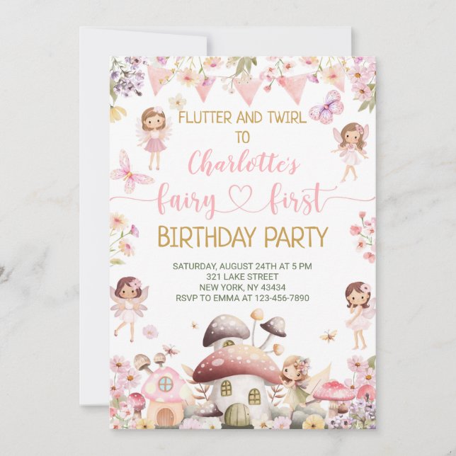 Invitación Fiesta de Primer Cumpleaños de la Hada Flutter y T (Anverso)
