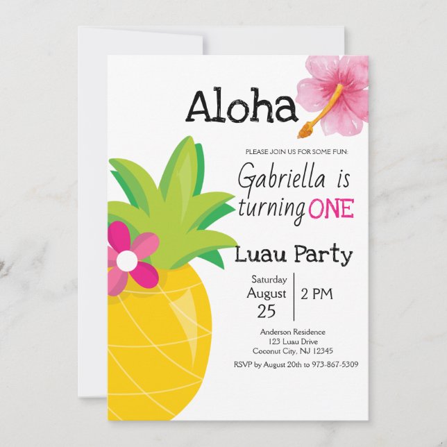 Invitación Fiesta de primer cumpleaños de la piña rosa del lu (Anverso)