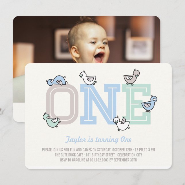 Invitación Fiesta de primer cumpleaños de niño grande un niño (Anverso / Reverso)