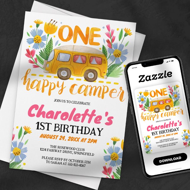 Invitación Fiesta de primer cumpleaños de One Happy Camper Fl (Subido por el creador)