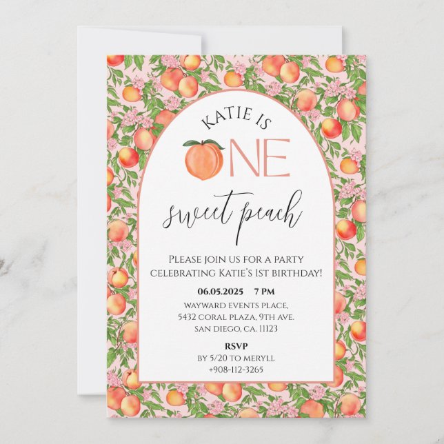 Invitación Fiesta de primer cumpleaños de One Sweet Peach (Anverso)