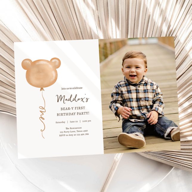 Invitación Fiesta de primer cumpleaños de Teddy Bear Balloon  (Subido por el creador)