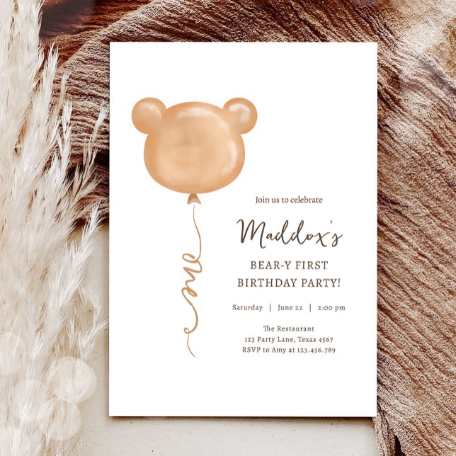 Invitación Fiesta de primer cumpleaños de Teddy Bear Balloon  (Subido por el creador)