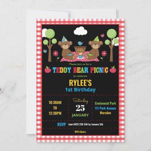 Invitación Fiesta de primer cumpleaños de Teddy Bear Picnic C (Anverso)