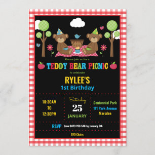 Invitación Fiesta de primer cumpleaños de Teddy Bear Picnic C