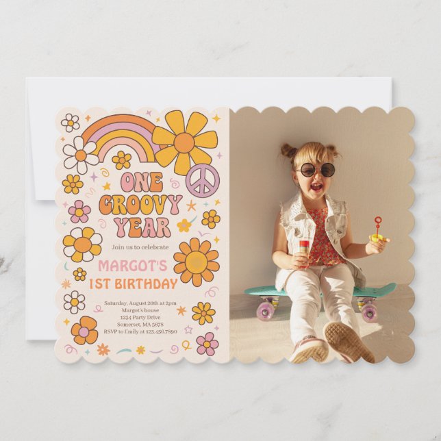 Invitación Fiesta de primer cumpleaños de un año de Groovy (Anverso)