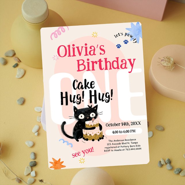 Invitación Fiesta de primer cumpleaños de un gato negro lindo (Cute Black Cat 1st Birthday Party Invitation)