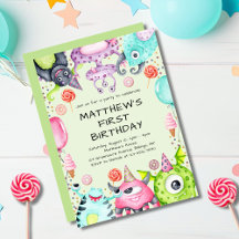 Fiesta de primer cumpleaños de un niño con monstru