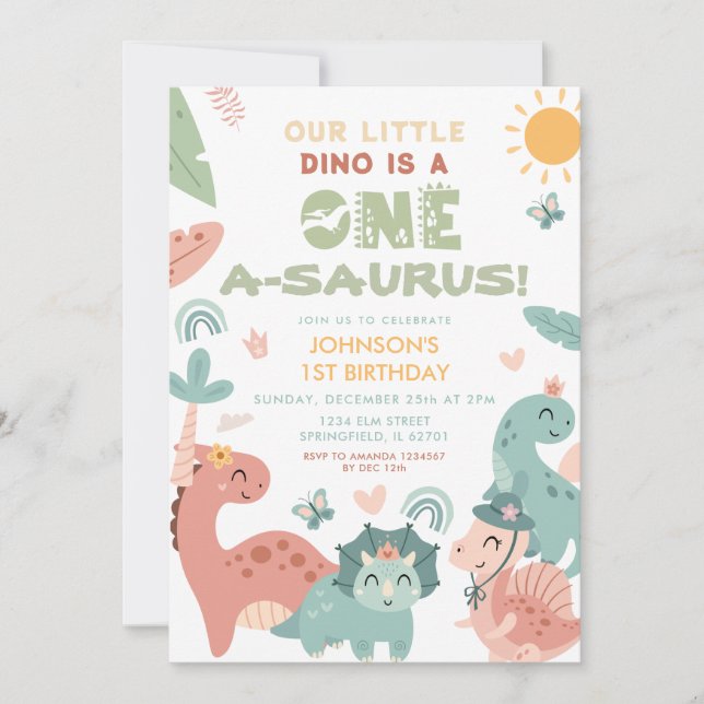 Invitación Fiesta de primer cumpleaños de un niño dinosaurio  (Anverso)