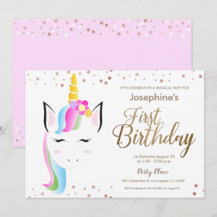 Invitación Fiesta de primer cumpleaños de una niña de unicorn