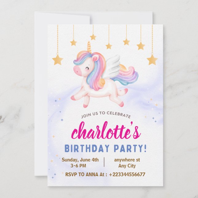 Invitación fiesta de primer cumpleaños de unicorn (Anverso)