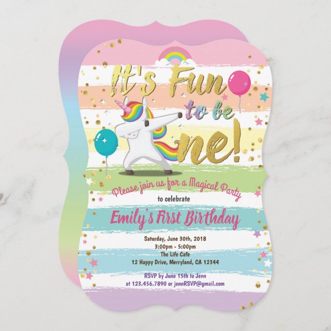 Invitación Fiesta de primer cumpleaños de unicornio con despl (Anverso / Reverso)