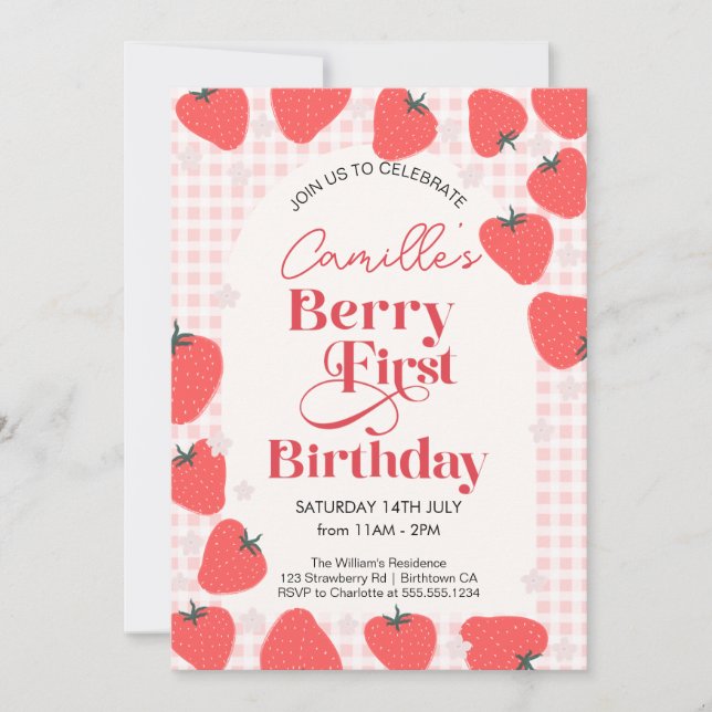 Invitación Fiesta de primer cumpleaños del Chica de fresas Be (Anverso)