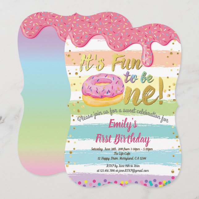 Invitación Fiesta de primer cumpleaños Donut arcoiris pastel (Anverso / Reverso)