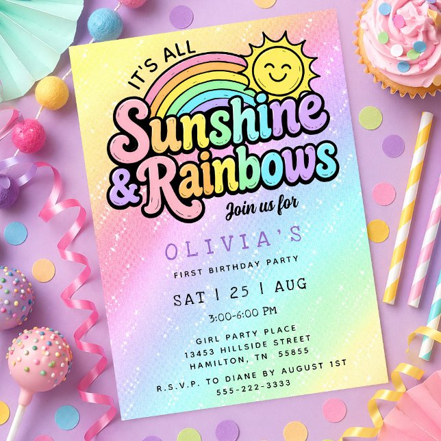 Invitación Fiesta de Primer Cumpleaños Ombre Sunshine & Rainb (Ombre Sunshine & Rainbows First Birthday Party Invitation)