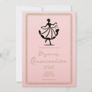 Invitación Fiesta de Princesa Bailando Vals de Oro Negro Rosa