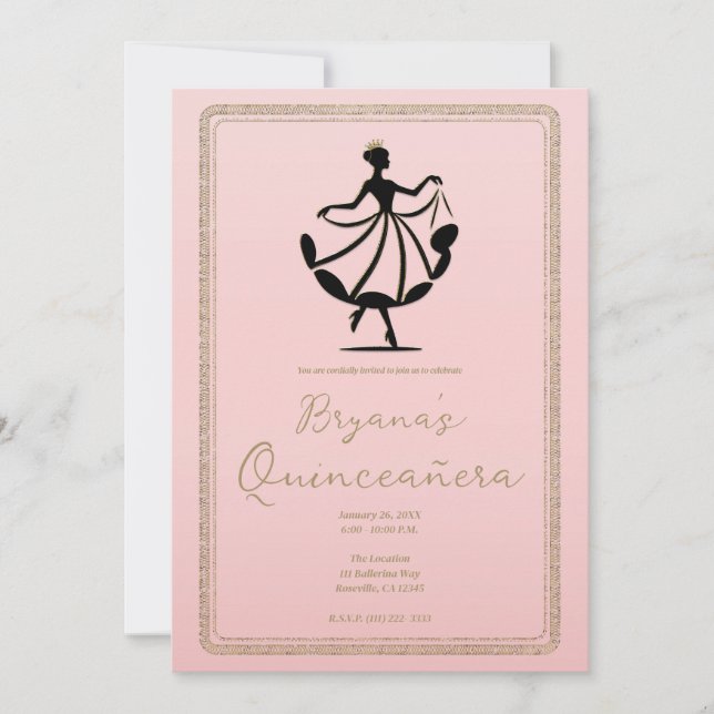 Invitación Fiesta de Princesa Bailando Vals de Oro Negro Rosa (Anverso)