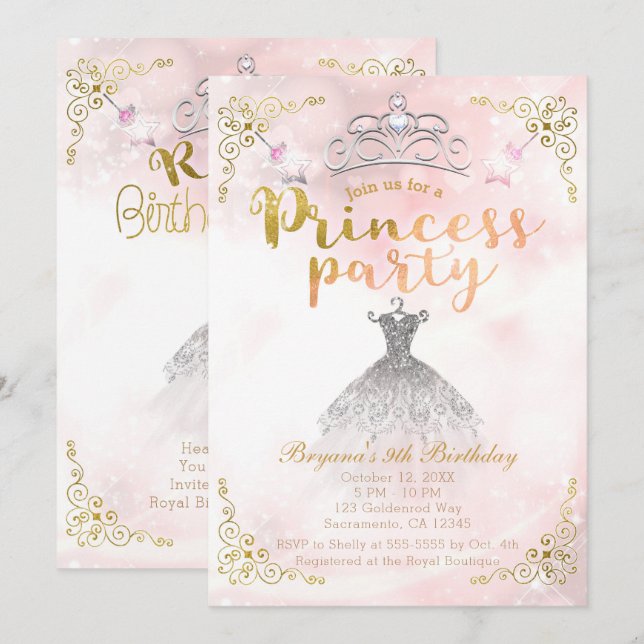 Invitación FIESTA DE PRINCESA Cumpleaños con destellos rosado (Anverso / Reverso)